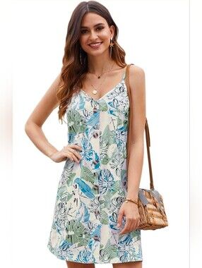 3 For $15 Tropical Print Button-Front Sundress in Pastel Green & Blue